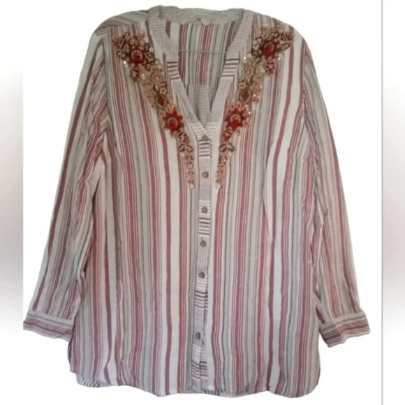 Soft Surroundings Long Sleeve Roll Tab Beaded Neckline Striped‎ Top Size XL - Picture 3 of 6
